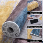 Ciicool 8ft Round Washable Rug, Modern Abstract Circle Rugs, Non-Slip Thin Lightweight Rug Yellow Grey Circular Print Distressed Carpet for Bedroom Living Room Under Dining Table Home Office Decor