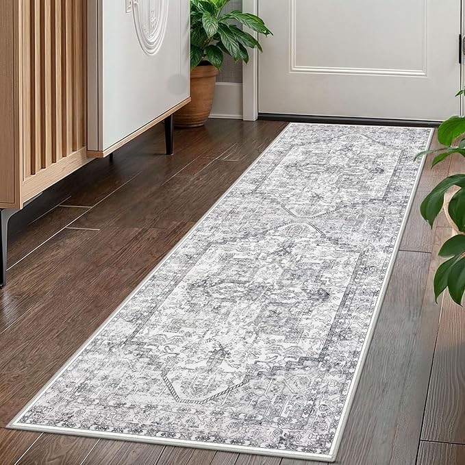KOZYFLY Runners for Hallways 2x5 Ft Washable Kitchen Runner Rug Boho Runner Rug for Entryway Indoor Printed Oriental Faux Wool Floor Carpet Runner for Laundry Room Kitchen Hall, Gray