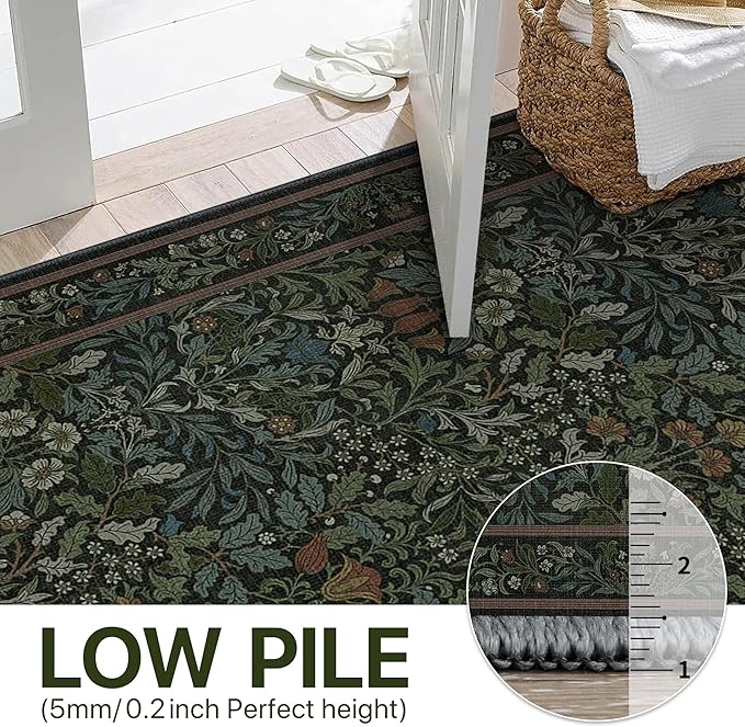 Bavni Floral Hallway Runner Rug 2'6" x 8', Washable Non Skid Boho Carpet for Entryway Kitchen Laundry Room, Soft Ultra Thin Botanical Long Runner for Indoor Floor Decor, Dark Green