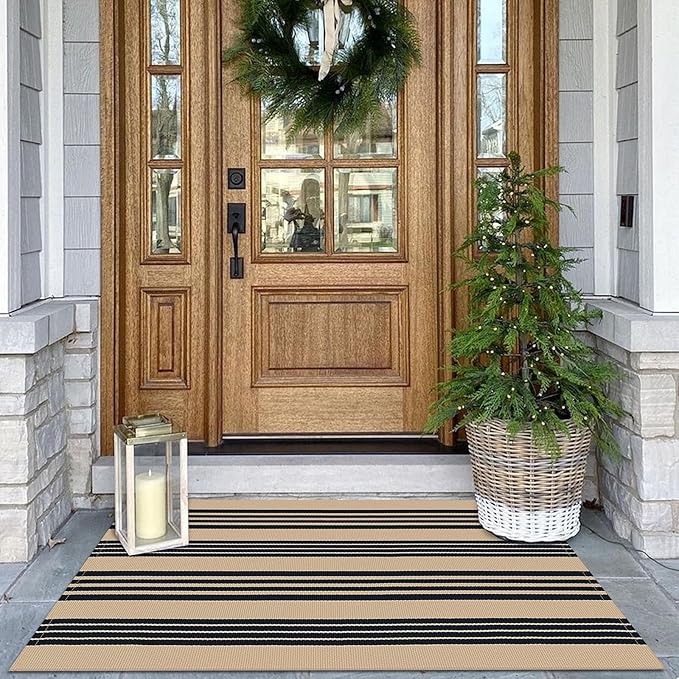 KOZYFLY Striped Front Door Mat 27.5x43 Inches Brown and Black Front Door Rug Cotton Washable Indoor Outdoor Rug Doormats Outdoor Small Striped Area Rugs for Kitchen Entryway Front Porch