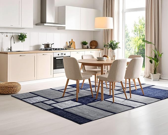 Navy Blue Geometric 5x7 Area Rug – Modern Patterned Carpet for Living Room, Bedroom, or Office – Soft Durable Floor Rug – Contemporary Stylish Design
