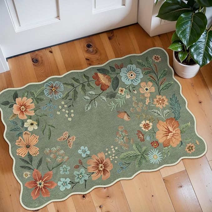 Lahome Floral Rugs for Entryway, 2X3 Washable Kitchen Rugs Ultra-Thin Soft Rug, Non Slip Indoor Door Mat Stain Resistant Boho Small Low-Pile Throw Carpet for Bathroom Bedroom(2x3ft,Green)