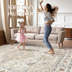 7x10 Area Rug Living Room: Washable Boho Large Neutral Vintage Soft Rugs Stain Resistant Farmhouse Non-Slip Indoor Floor Carpet for Bedroom Nursery Kids Playroom Office Dining Room- Cream Blue
