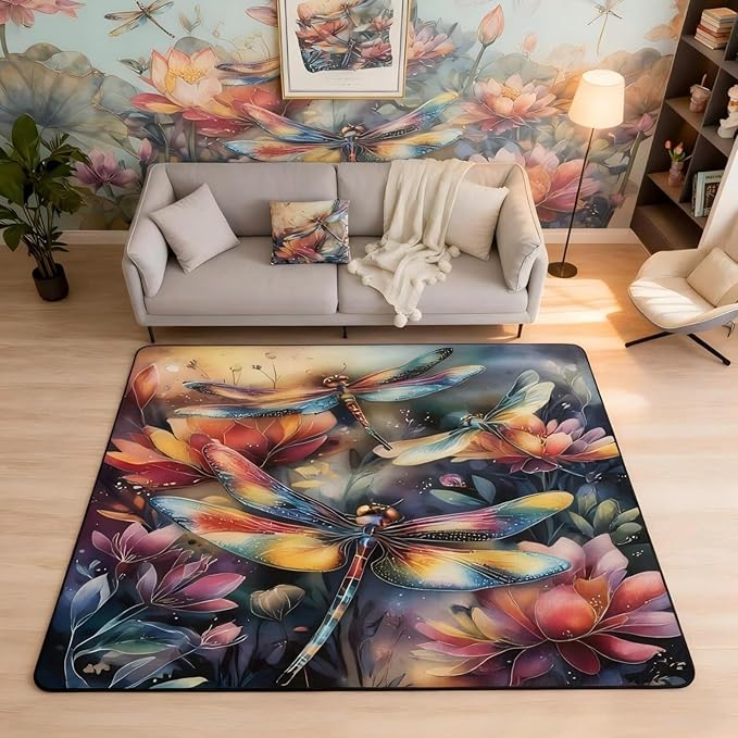Dragonfly 3x5 Area Rug Colorful Flowers Rugs for Living Room | Watercolor Beetles Washable Rug, Dreamy Rustic Aesthetic Animal Carpet Indoor Floor Mat