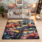 Dragonfly 5x7 Area Rug Colorful Flowers Living Room Rug | Watercolor Beetles Rugs for Bedroom, Dreamy Rustic Aesthetic Animal Carpet Indoor Floor Mat