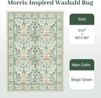 5x7 Area Rugs Living Room Rug - Floral Vintage Morris-Inspired Washable Carpet, Low Pile Non-Shedding Stain Resistance Boho Soft Carpet for Bedroom, Dining Room, Office, Farmhouse (5'x7' Beige Green)