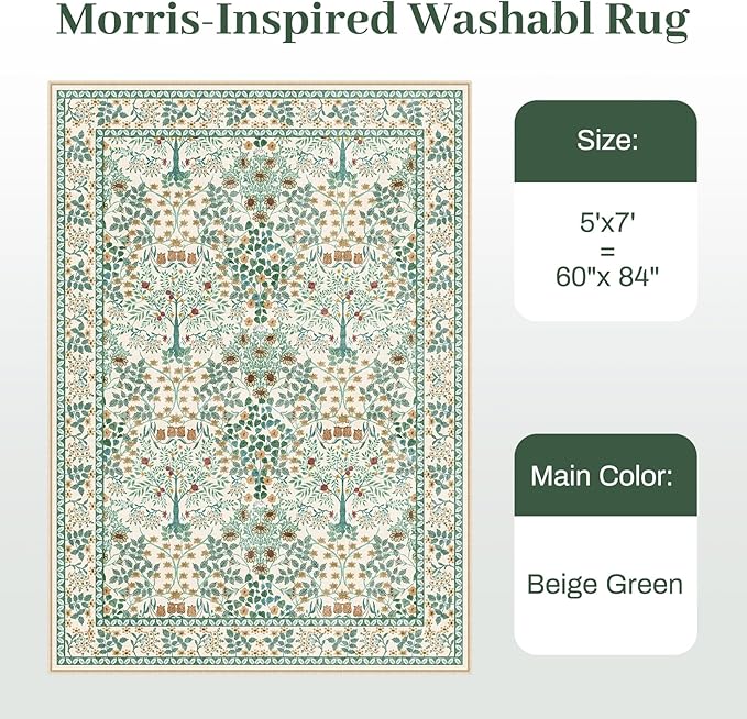 5x7 Area Rugs Living Room Rug - Floral Vintage Morris-Inspired Washable Carpet, Low Pile Non-Shedding Stain Resistance Boho Soft Carpet for Bedroom, Dining Room, Office, Farmhouse (5'x7' Beige Green)