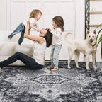 4x6 Washable Area Rug for Living Room, Carpet for Bedroom, Soft Faux Wool Retro Dining Room Rug, Non Slip&Non-Shedding Resistant Low Pile Vintage Print Rug for Home Office (Medium Gray)