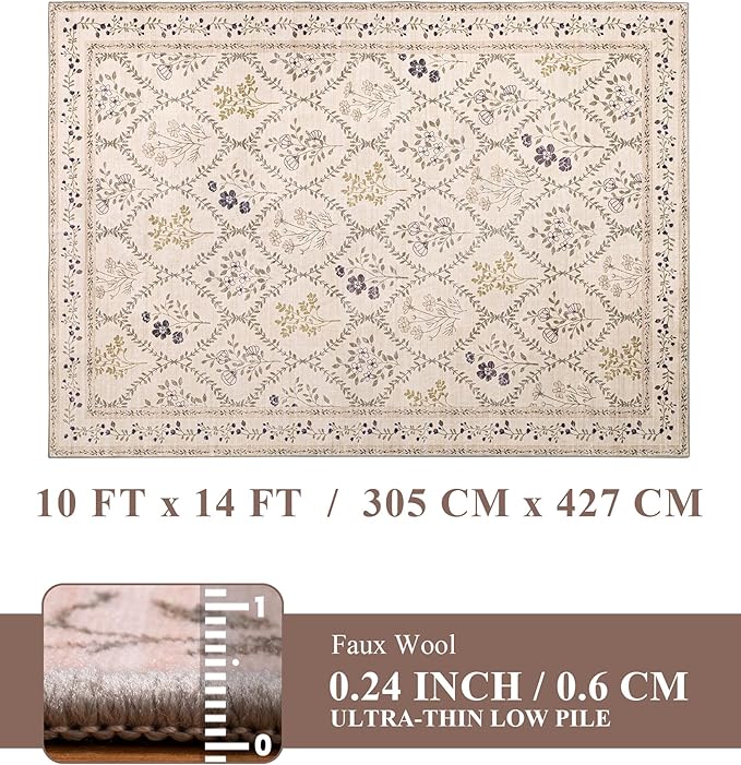 YIHOUSE Beige Floral Print Rugs, Moroccan Trellis 10x14 Washable Large Rug, Modern Pastel Non Slip Ultra-Thin Area Rug for Classroom, Nursery Playroom,Dorm,Bedroom,Living Room, Beige Multi