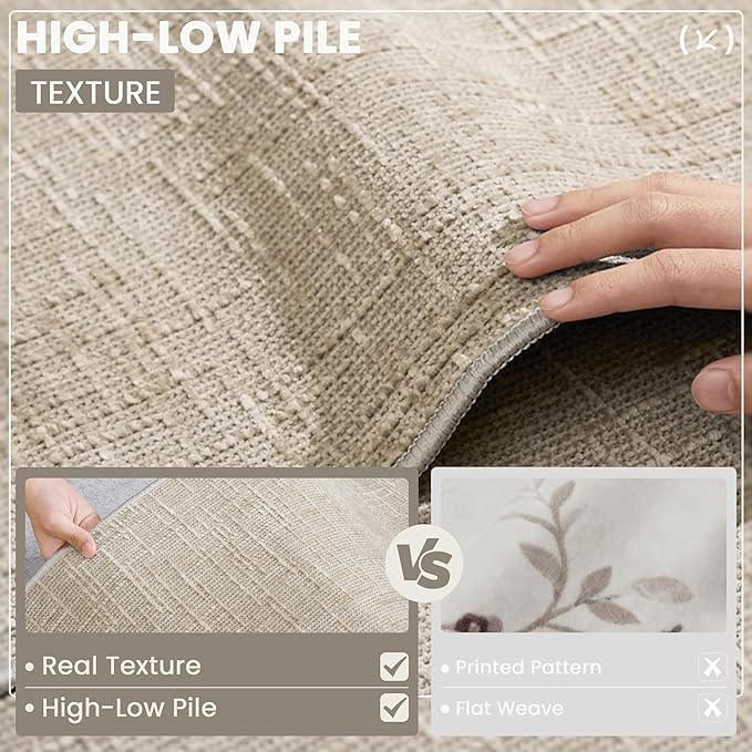 Art&Tuft 2x12 Runner Rug - Washable Runner Rugs, Non-Slip Runner Rug for Hallway, High Low Pile Textured Stripe 2x12 Rug Runner Throw Carpet for Entrance Bedroom Living Room Kitchen, Beige