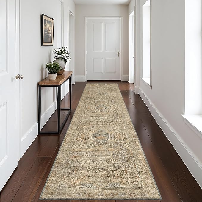 Bavni Kitchen Rug 2x8 Runner Rugs for Hallways Entryway, Washable Vintage Print Carpet, Ultra-Thin Chenille Low Pile Lightweight Rug with Non Slip Backing, Wood