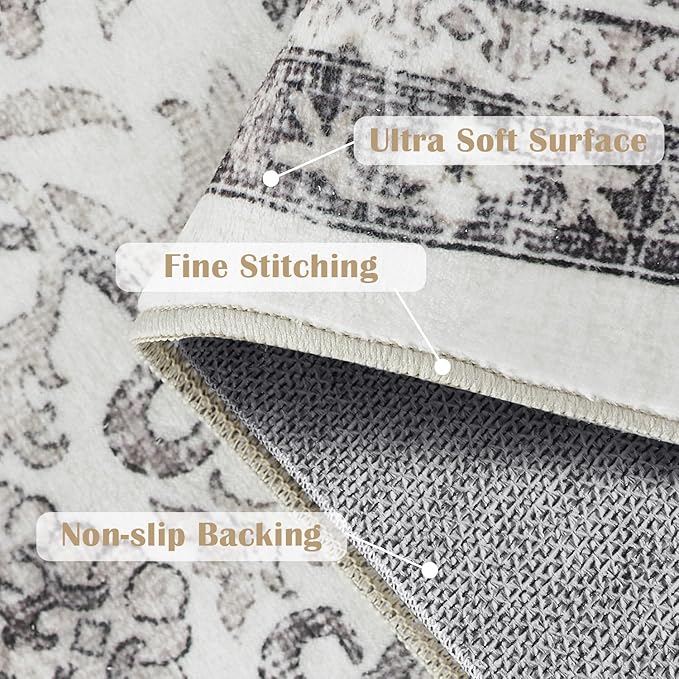 jinchan Hallway Runner Rug 3x8 - Machine Washable Beige Vintage Floral Distressed Design Soft Non-Slip Low-Pile Ultra-Thin Runner Rug for Kitchen Laundry Room Bedroom Farmhouse (3‘x8', Beige)