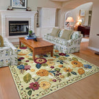 5x8 Machine Washable Area Rug for Living Room, Green Vintage Boho Floral Rug Large Non-Slip Low Pile Soft Faux Wool Carpet, Kids and Pets Friendly for Bedroom Dining Room Farmhouse Home Decor Rug