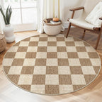 LIVEBOX Checkered Round Rug 4 Ft Washable Area Rug for Playroom, Kids Non-Slip Neutral Classic Circle Rug Geometric Large Carpet Soft Boys Rug for Classroom Dorm Bedroom(Brown,120R)