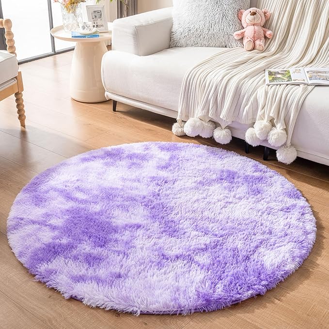 duduta Purple Plush Round Rug 4x4 ft, Tie Dye Fluffy Shag Rugs for Bedroom Classroom Nursery Playroom Dorm Decor, Washable Non Slip