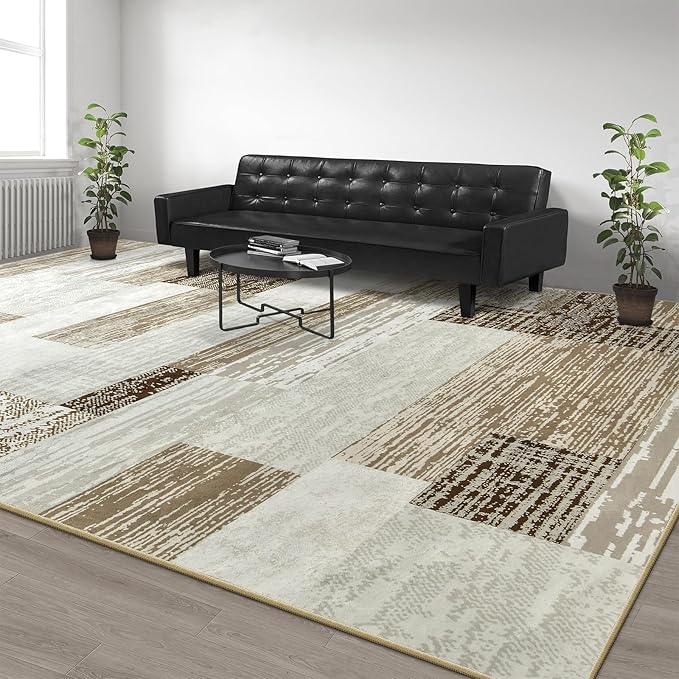 Large Area Rugs,Modern Geometric Patchwork Floor Decor for Bedroom Aesthetic Carpet, Rockwood Collection, Indoor Rugs for Living Room, Dining Room, Nursery, Office, Machine Washable Rug,4x6 Ft Beige