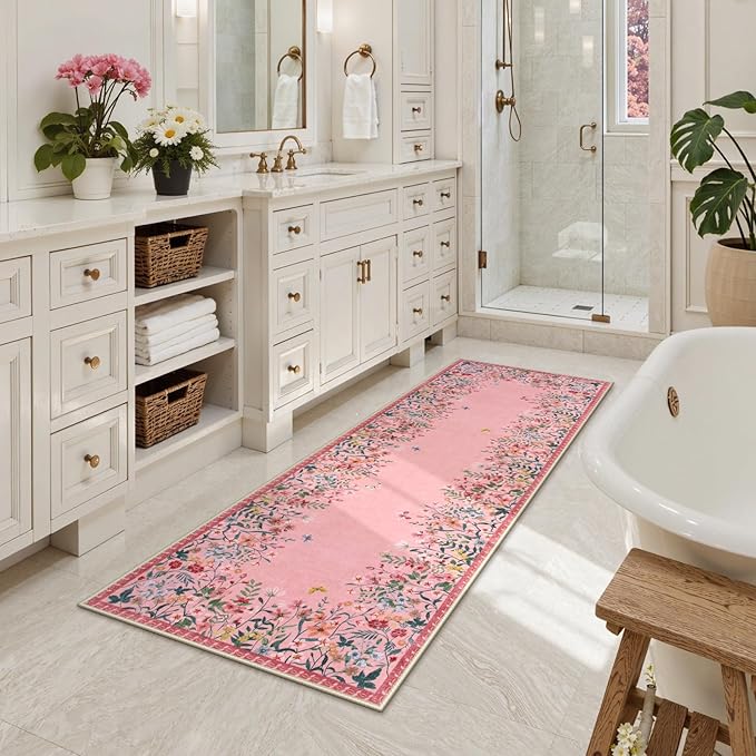 Wonnitar 2x6 Runner Rug for Hallways, Pink Floral Bathroom Rugs Non Slip Washable, Low Pile Soft Botanical Runner for Girls Bedroom Laundry Room Bedside (Pink,2'x6')