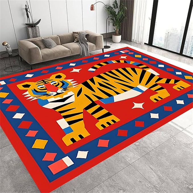 Jungle Animal Area Rug,3x5ft,Unique Design Tiger Print Rug With Geometric Pattern，Bohemian Style Animal Tiger Print Pattern Colorful Rug,Washable Non-Slip Rug for Living Room Classroom Nursery Decor
