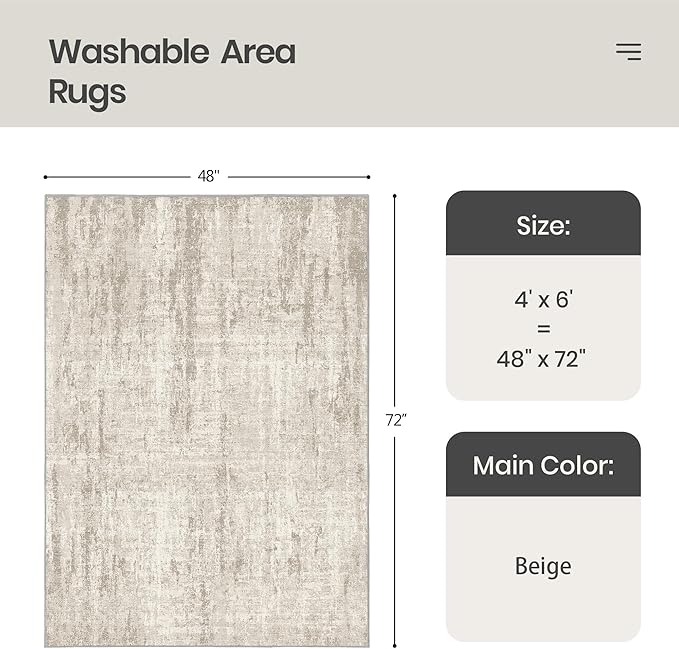 Valenrug Washable Rug 4x6 - Stain Resistant 4x6 Area Rugs for Living Room, Non Slip Backing Printed Rugs for Bedroom, Folable Machine Washable Area Rug(4'x6', Beige)