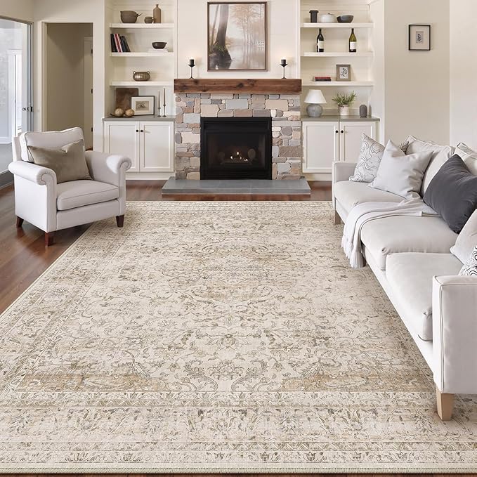 12x15 Beige Area Rug Vintage Living Room Bedroom Washable Carpet Non-Slip Soft Low Pile Distressed Indoor Large Throw Rug for Dining Room Office