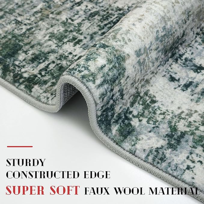 Modern Abstract Runner Rug 2x5, Grey Green Washable Entryway Kitchen Runner Non-Slip Soft Hallway Rug Runner Thin Print Faux Wool Carpet for Bedroom Laundry Room Indoor