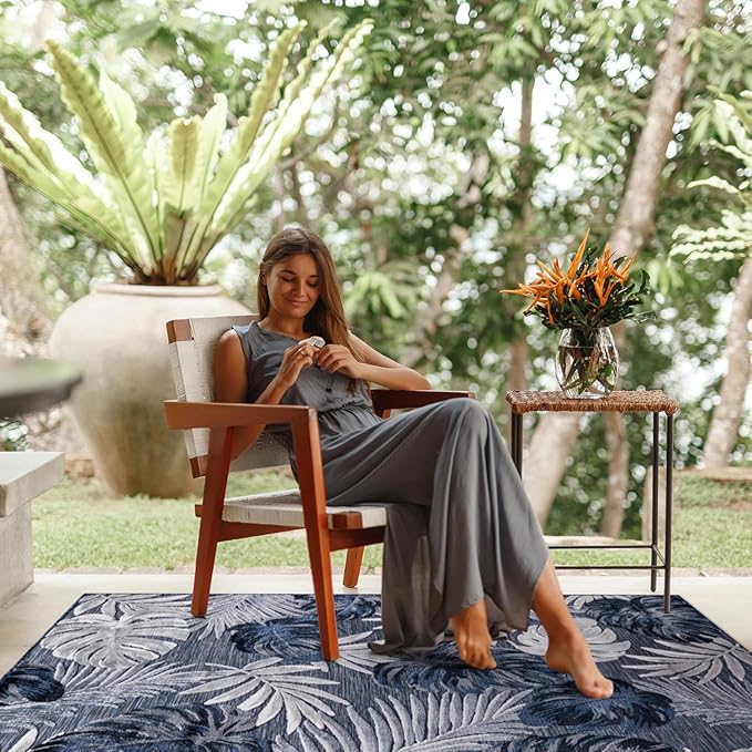 CAMILSON Indoor Outdoor Rug, Navy 7’10”x10’ Leaf Tropical Botanical Area Rugs for Indoor and Outdoor patios, Easy-Cleaning Non-Shedding Living Room, Garden and Kitchen Washable Outside Carpet (8x10)