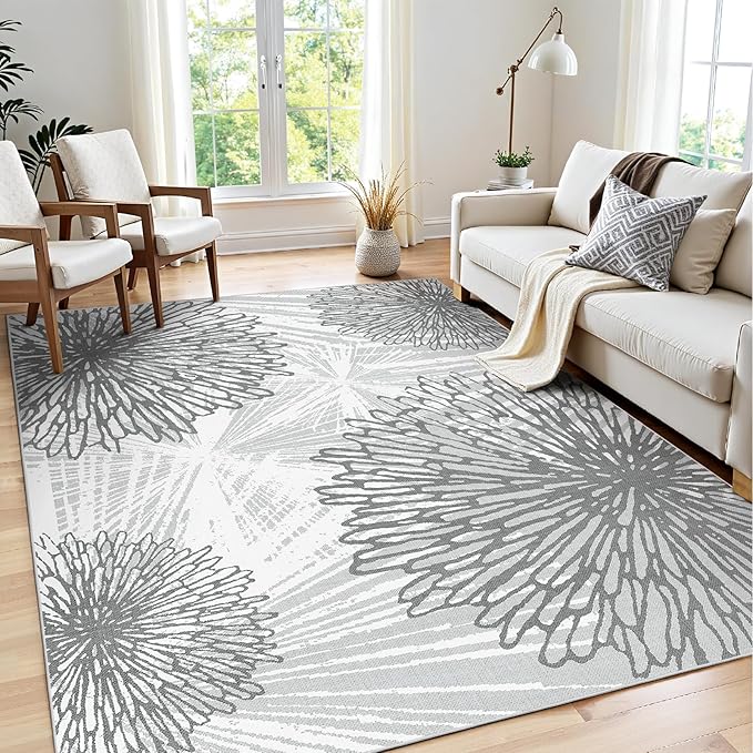 WITSHOCK 6x9 Washable Rug for Living Room,Modern Floral Distress Print Pattern Area Rugs,Stain Resistant with Non Slip Backing Carpet for Dining Room,Bedroom & Home Decor,Grey White