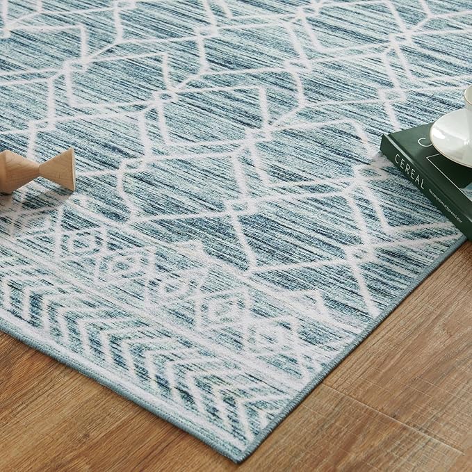 jinchan Moroccan Runner Rug 2x5 - Kitchen Machine Washable Runner Rug Modern Geometric Low-Pile Lightweight Non-Slip Carpet for Entryway Hallway Laundry Room Bedroom Farmhouse (2x5ft, Teal Blue)