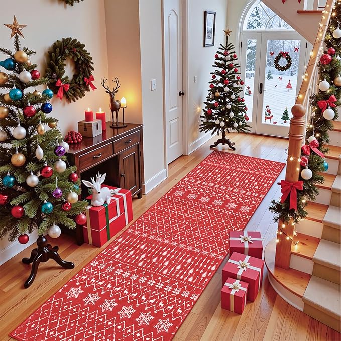 Lahome Christmas Runner Rug 2x6 for Hallway Red Non Slip Washable Low Pile Carpet Moroccan Snowflake Throw Rug Runner for Kitchen Entryway Laundry Bathroom Narrow Space Xmas Holiday Decor