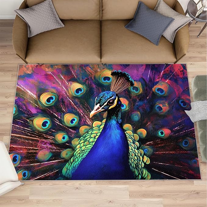 Peacock Rugs for Bedroom - 5x8 Area Rug - Watercolor Peacock Rugs for Living Room, Abstract 3D Animal Rug, Non-Slip Washable Home Decor Carpet