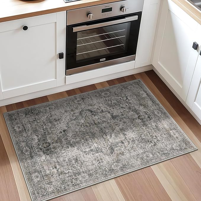 2x3 Machine Washable Area Rug for Entryway, Olive Grey Boho Vintage Floral Rug Non-Slip Low Pile Soft Faux Wool Small Carpet, Kids and Pets Friendly for Bedroom Kitchen Hallway Bedside Home Decor Rug