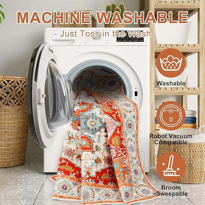 WILLSUN Washable Area Rugs, 4x6 Non-Slip Boho Large Area Rugs for Living Room, Bedroom, Machine Washable Vintage Rug, Indoor Floral Print Carpet for Home Decor, Kid & Pet Friendly Mat