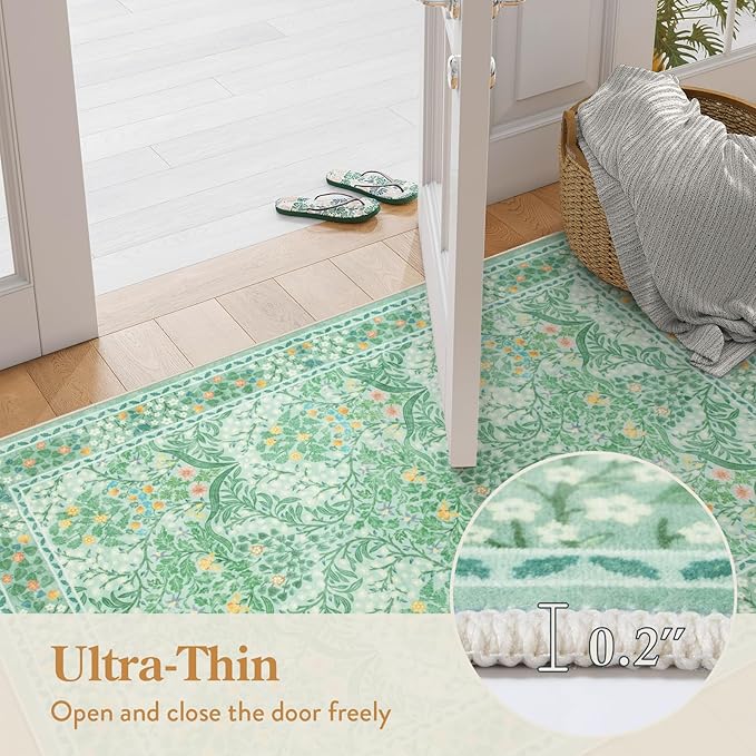 Lahome Floral Entryway Rug, 2x3 Kitchen Rugs Non Slip Washable Boho Green Forest, Soft Door Mat Indoor Entrance, Ultra-Thin Easy Clean Small Throw Carpet for Bedroom Bathroom, Sage Green
