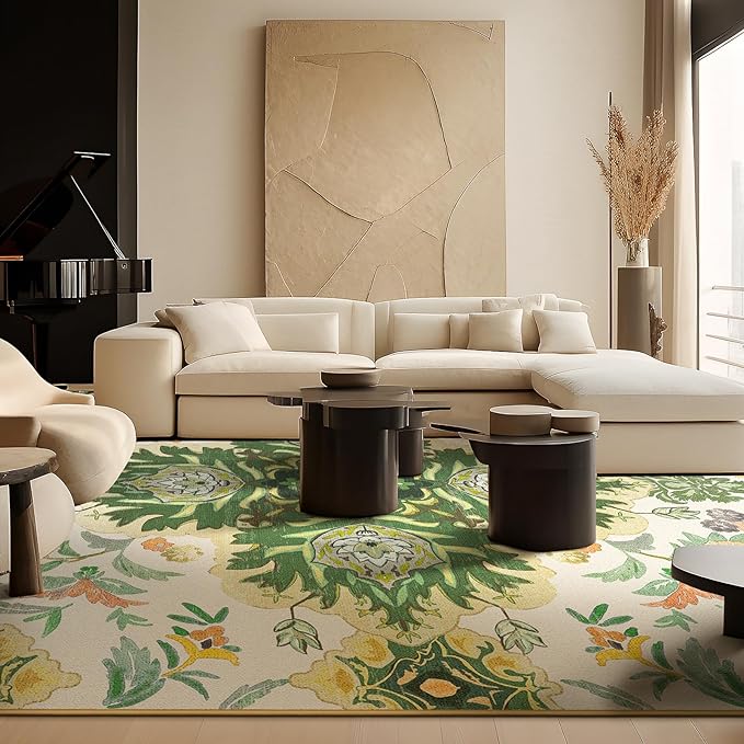 Phantoscope Washable Area Rug 5'x7' Non-Slip, Vintage Boho Rugs for Living Room, Bedroom, Dining Room, Neutral Green Floral Medallion Pattern, Low-Pile Foldable Floor Carpet, Forest Green/Cream