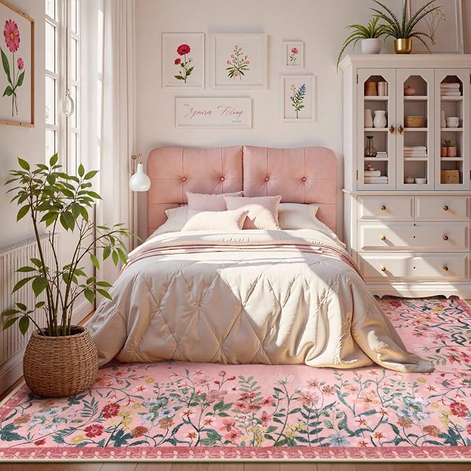 Lahome Boho Floral 8x10 Pink Rugs for Bedroom Girls, Non Slip Washable Nursery Rugs for Living Room, Pastel Indoor Throw Carpet for Dorm Classroom Playroom(Pink,8x10)