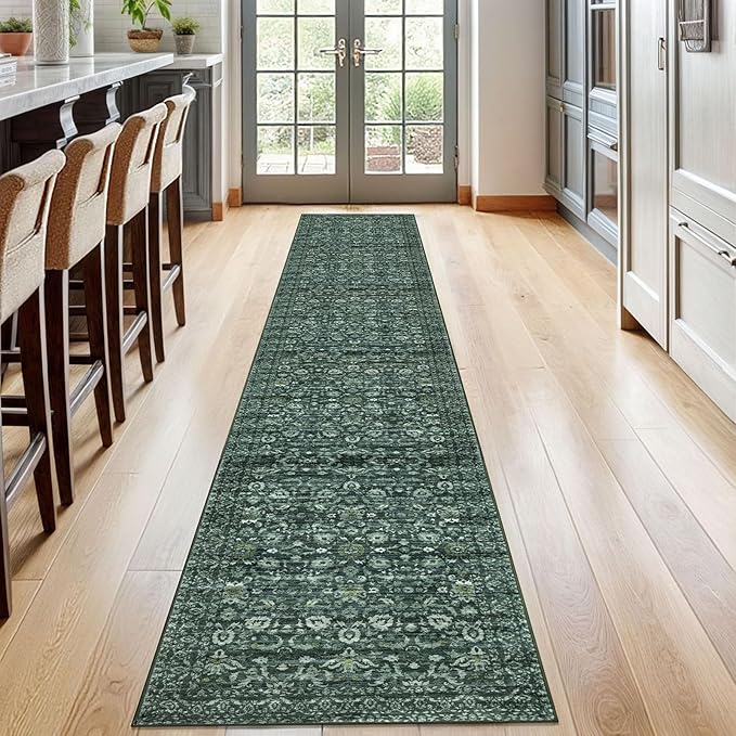 Vintage Runner Rug 2x12, Dark Green Washable Long Kitchen Runner Non-Slip Floral Soft Hallway Rug Runner Thin Print Faux Wool Carpet for Entryway Bedroom Laundry Room Indoor Home Decor