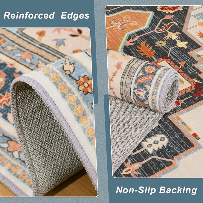 4x6 Orange Beige Area Rug for Living Room, Machine Washable Rugs with Non-Slip Backing for Bedroom, Vintage Medallion Carpet Kitchen Laundry Kids Room Decor