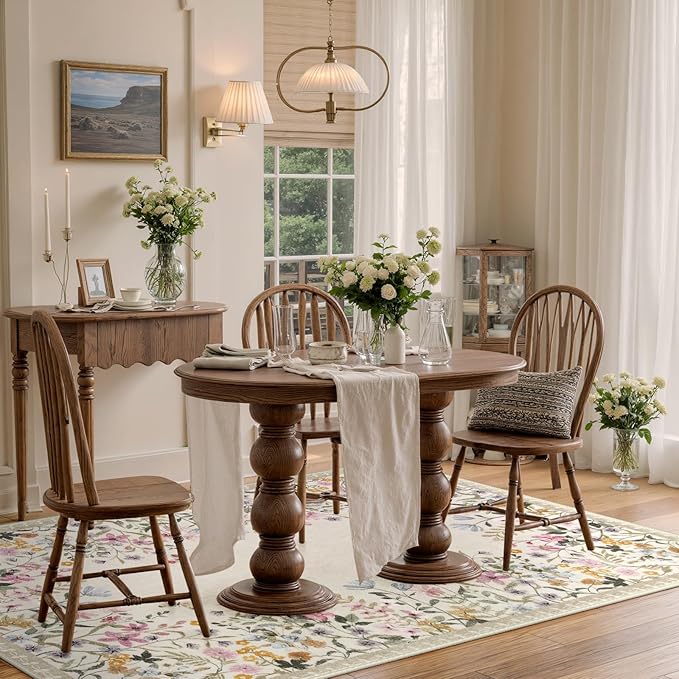 Wonnitar Washable 5x7 Rug for Living Room, Floral Print Large Bedroom Area Rug, Non-Slip Dining Table Throw Mat, Botanical Area Rug Carpet for Entry Basement Dorm (Beige,5'x7')