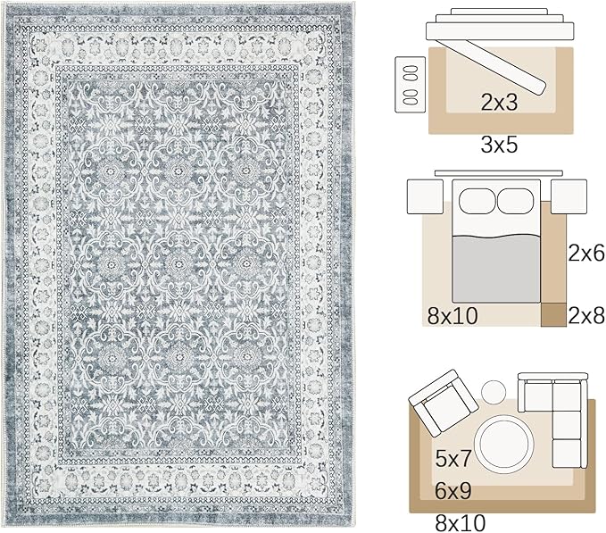 jinchan Floral 9x12 Area Rugs for Living Room - Machine Washable Vintage Distressed Boho Design Soft Throw Rug Large Carpet Low-Pile Thin Non-Slip for Bedroom Dining Room Nursery (9‘x12', Grey)