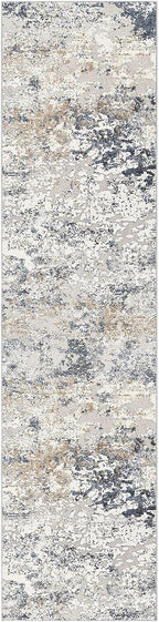 Washable Runner Rug for Hallway: 2.6x10 Neutral Modern Abstract Low Pile Area Rug with Non-Slip Backing - Carpet for Bedroom Kitchen Laundry Entryway Bathroom Indoor - Beige Blue