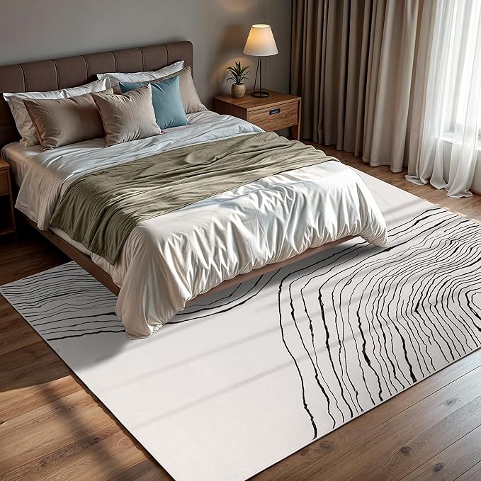 GLN Rugs Contemporary Collection - Machine Washable Area Rug, Contemporary Washable, Non Slip, Low Pile Chenille Rug, Living Room, Bedroom, Kitchen Rug (3' x 5' Beige Black)