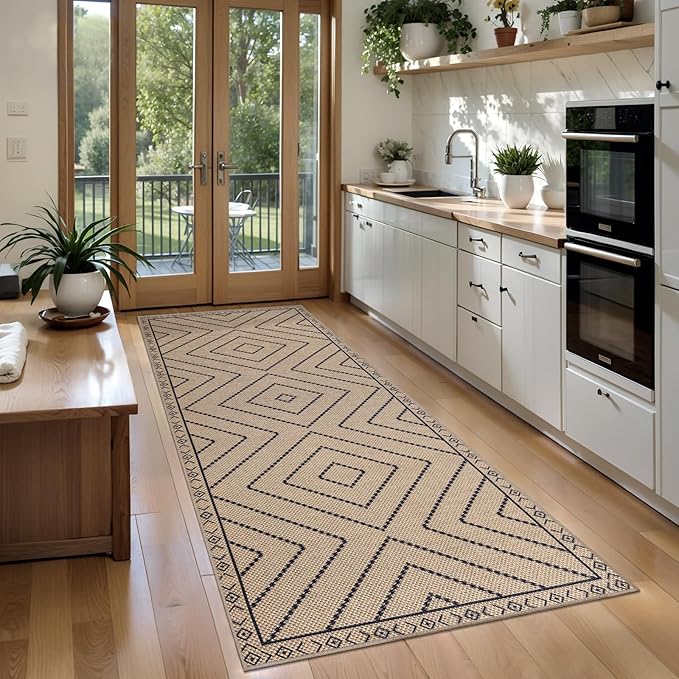 Tangsoo Easy Jute Rug 2x6 Washable Runner Rug for Hallways,Neutral Geometric Ultra Thin Indoor Carpet Runner Farmhouse Long Rnner Mat for Kitchen Entryway Laundry