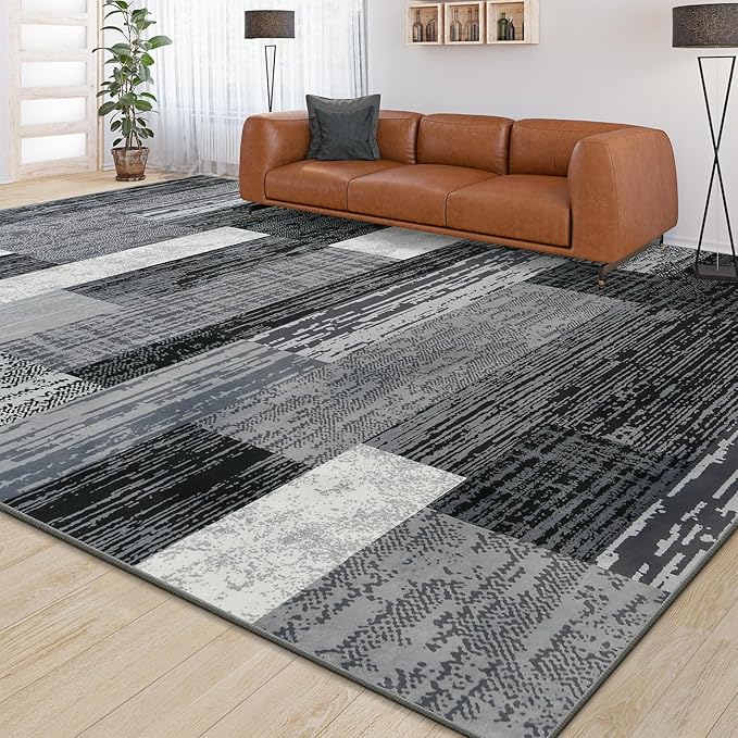 Large Area Rugs,Modern Geometric Patchwork Floor Decor for Bedroom Aesthetic Carpet, Rockwood Collection, Indoor Rugs for Living Room, Dining Room, Nursery, Office, Machine Washable Rug,8x10 Ft Grey