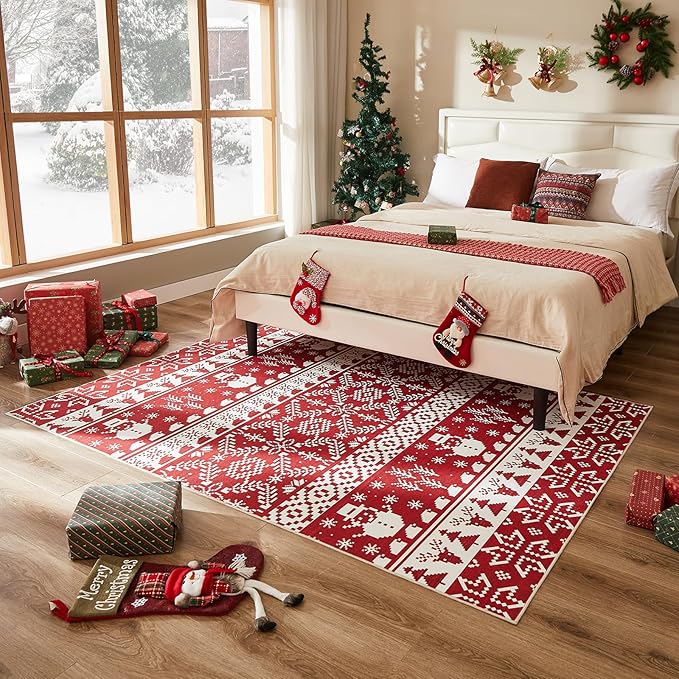 WITSHOCK Christmas Area Rugs for Living Room: 5x7 Stain Resistant Non-Slip Washable Red Snowflake Christmas Carpet, Soft Dining Room Bedroom Rugs, Indoor Decor for Home, Holiday