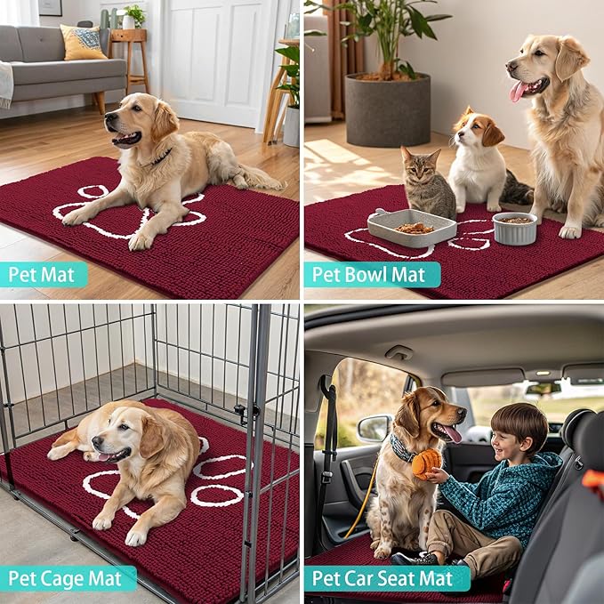 Smiry Dog Door Mat for Muddy Paws, Absorbent Dirt Trapper Non Slip Quick Dry Washable Chenille Mat for Mud Dogs, Entry Rug for Indoor and Outdoor (70x24 Inches, Burgundy and White)