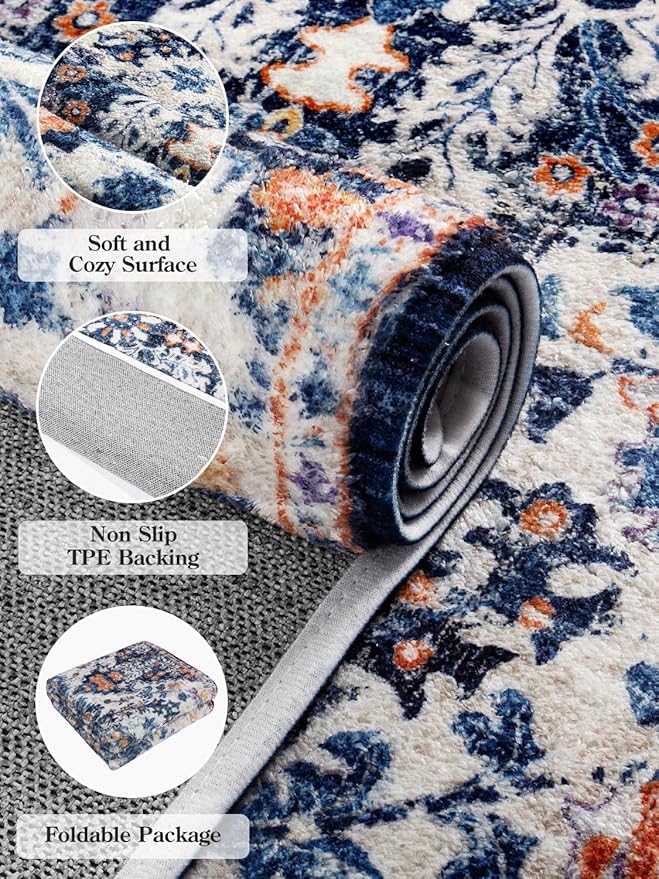 Lahome Round Rug 4ft, Washable Bathroom Rug Non Slip Entryway Circle Mat, Bohemian Vintage Non-Slip Non-Shedding Low Pile Printed Indoor Carpet for Kitchen Laundry Entryway, Blue Purple/Multi