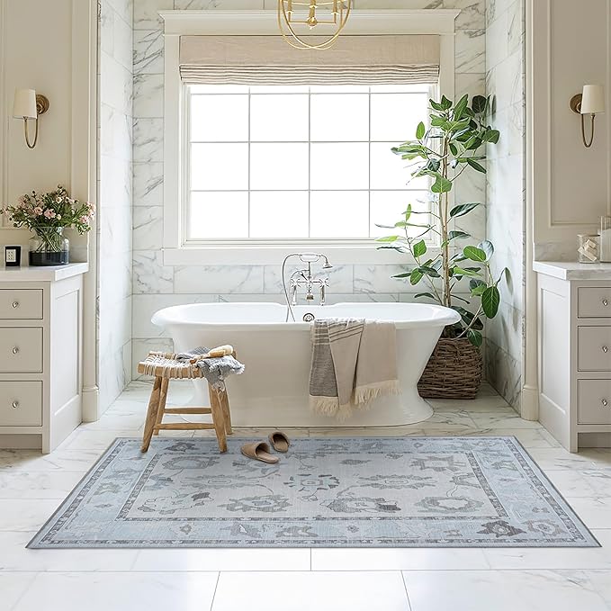 Fame Living Cream Beige Oushak Rug, Modern, Vintage, Turkish, Eclectic, Floral, Pastel, Washable, Area Rugs for Living Room, Dining, Bedroom, Office, Entryway, Foyer, Playroom, Nursery, 5'x6'9"