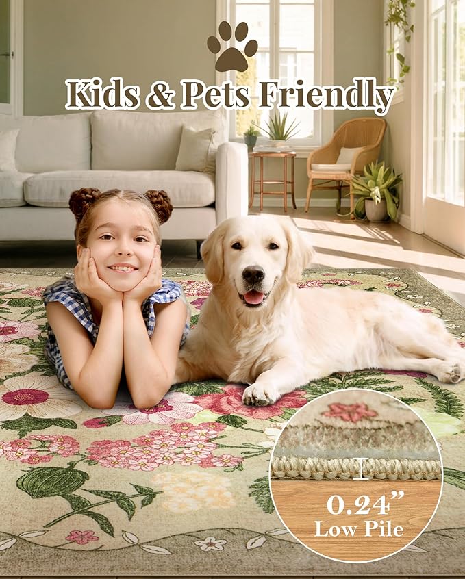 Floral Washable 5x7 Area Rugs - Living Room Rug Non Slip Low Pile Stain Resistant Carpets Indoor Vintage Flower Print Rug for Bedroom Dining Room Kitchen Home Office, Brown