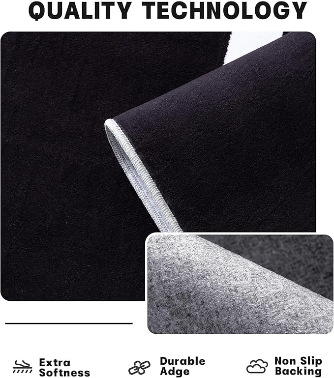 YIHOUSE Modern Washable Area Rug for Living Room Bedroom - Large Abstract Black and White Rug Non-Slip Ultra-Thin Home Decor (Dark Curve, 8'x10'ft)