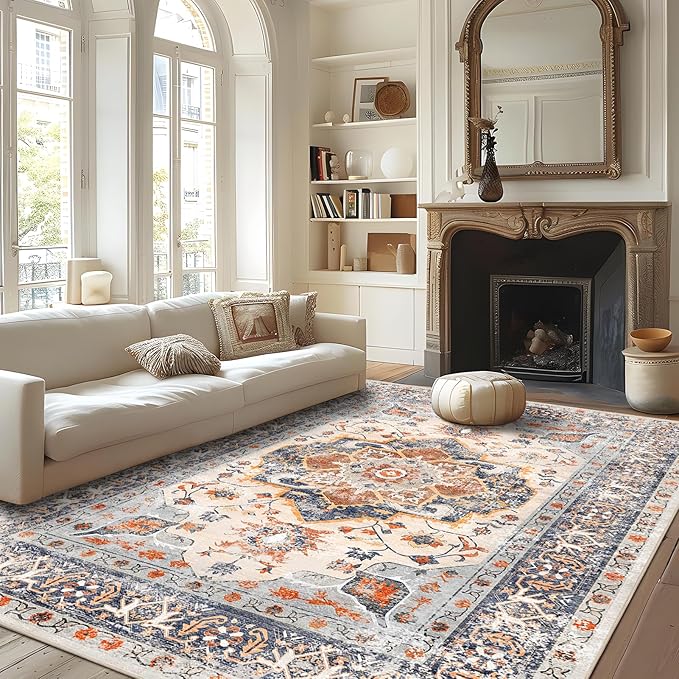 VK VK·LIVING Machine Washable Rug 5'x7' Vintage Design Washable Area Rugs with Non Slip Rugs for Living Room Bedroom Traditional Woven Carpet Stain Resistant, Dining Office Boho Rug (Bright)